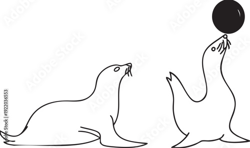 Minimal sea lion outline illustration with playful marine character design. Clean black line art captures a circus-style seal balancing a ball. Perfect for kids themes, logos, and nautical graphics.