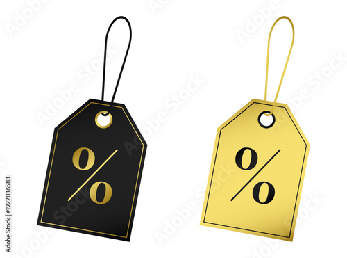 Luxury discount price tags in gold and black with percentage symbol for retail sale promotion