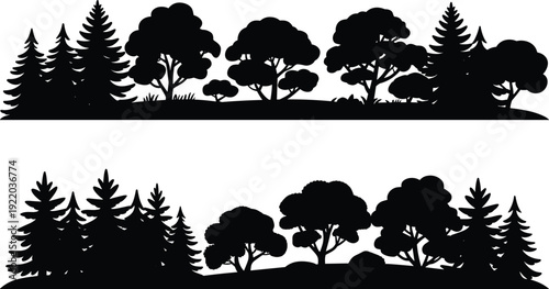 Forest tree silhouette landscape vector set with pine and deciduous trees isolated black nature skyline illustration collection