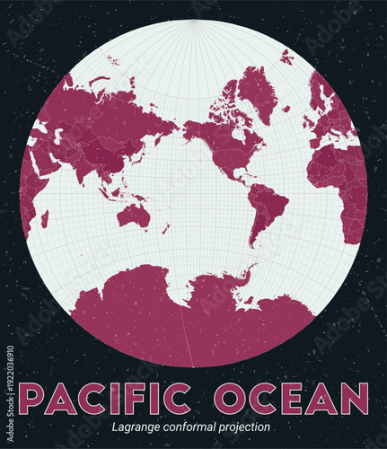 Pacific Ocean. World map. Lagrange conformal projection centered to Pacific Ocean. Pale Mint Dark Pink palette. Vintage texture. Classy vector illustration.