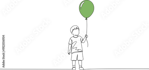 A young boy standing alone in a minimalistic style holding a green balloon on a black background, showcasing innocence and childhood wonder.