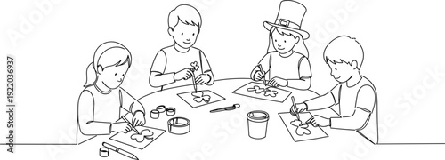 Children creating art together at a table during a craft activity, using colorful materials and engaging with creativity on a transparent background