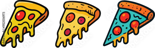 Colorful Cartoon Pizza Slice Trio | Fun Food Illustration for Branding set.