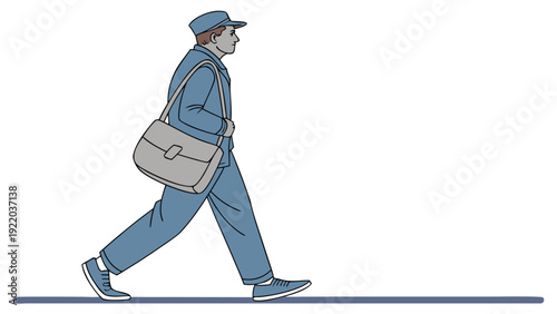 Man in a blue uniform and cap carries a gray messenger bag walking in side profile.