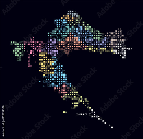 Croatia, shape of the country build of colored cells. Digital style map of the Croatia on dark background. Small size square blocks. Abstract vector illustration.