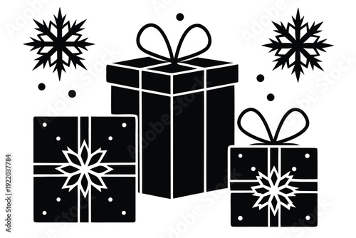 Festive stylized gift boxes in red, gold, and green, dusted with delicate snow, perfect for holiday celebrations and winter promotions.