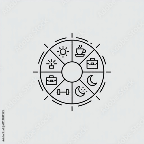 A circular diagram featuring a daily routine with icons for morning, work, exercise, and sleep, presented in a simple line art style.