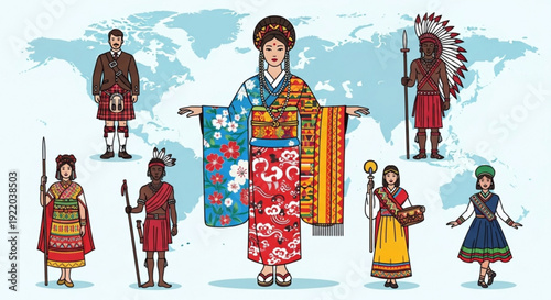 Diverse people wearing traditional clothing from around the world standing in front of a map