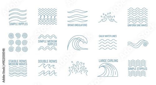 A comprehensive set of diverse vector line icons showcasing various water ripple patterns, ocean wave forms, and liquid movements for creative graphic design projects