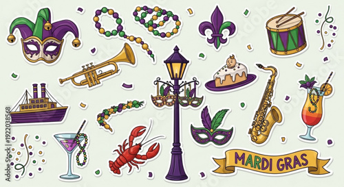 Mardi gras celebration icons with masks beads and festive drinks