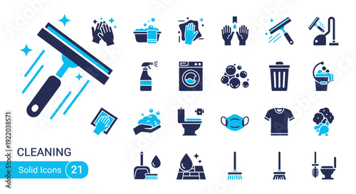 Comprehensive collection of solid vector icons depicting various cleaning tasks and hygiene activities for home, office, and commercial use