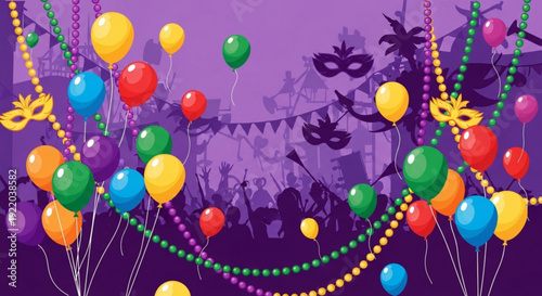 Vibrant mardi gras celebration with colorful balloons and beads at night