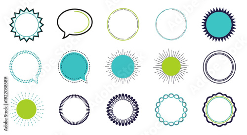 Set of Decorative Circular Frames and Speech Bubbles on White Background, Diverse Styles