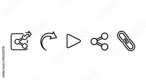 Collection of Five Minimalist Line Icons Share, Back Arrow, Play Button, Network, and Link Symbols