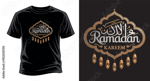 Ramadan kareem golden islamic calligraphy t-shirt design with ornamental frame and hanging lanterns on black vector art print templet