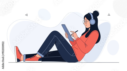 Young Woman with Headphones Drawing on Tablet, Relaxed Lifestyle