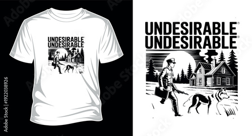 Undesirable creative t-shirt design concept with a man running with a gun and a dog in a snowy village background vector art print templet