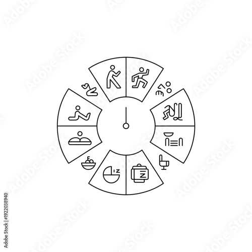A minimal vector illustration featuring various fitness activities arranged around a clock face