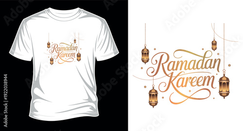 Elegant ramadan kareem calligraphy t-shirt design with golden lanterns and stars