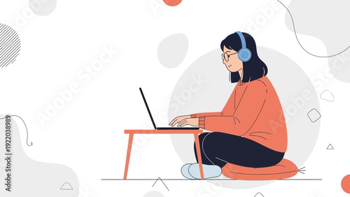 Young woman with headphones working on laptop, sitting on floor cushion, modern illustration