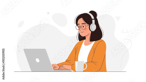 Young Woman Working on Laptop with Headphones and Coffee