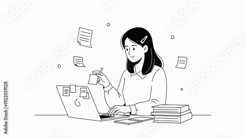 Young Woman Working on Laptop with Sticky Notes and Books, Studying, Freelancing