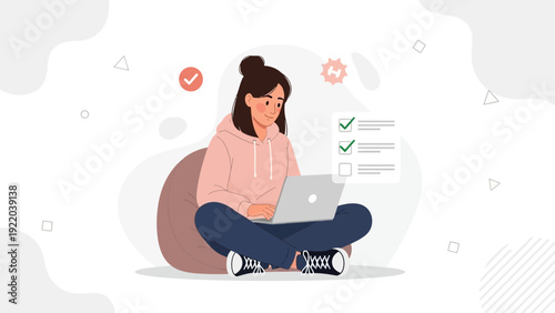 Young Woman Working on Laptop, Online Education, Task Management, Casual Style