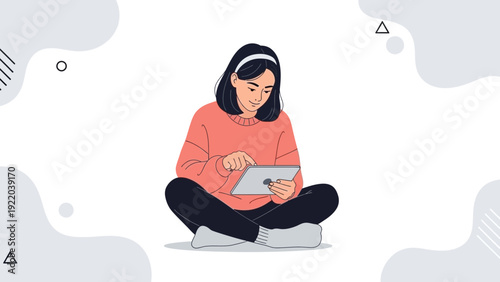 Young Woman Using Tablet Computer Sitting Cross-legged, Modern Flat Illustration