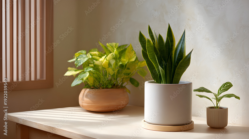 Fototapeta premium Decorative Potted Plants Grace a Sunlit Tabletop, Adding Greenery and Life Indoors