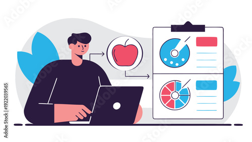Male nutritionist creates a personalized meal plan using his laptop, analyzing nutritional data with various pie charts.