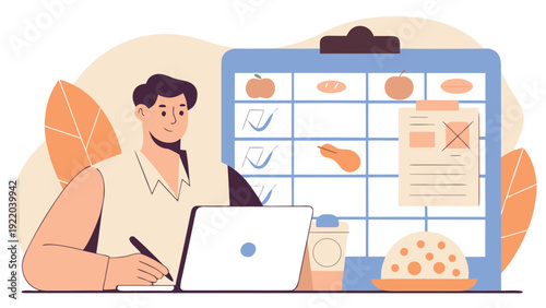 Male nutritionist creates a weekly meal plan on his laptop, with a calendar showing food and healthy snacks.