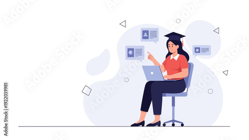 Online Education Student Learning Laptop Graduation Cap Digital Classroom