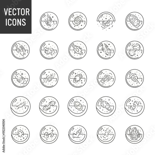 Astronomy and Space Minimal Line Art Vector Icons with Galaxies, Nebulae, and Stars