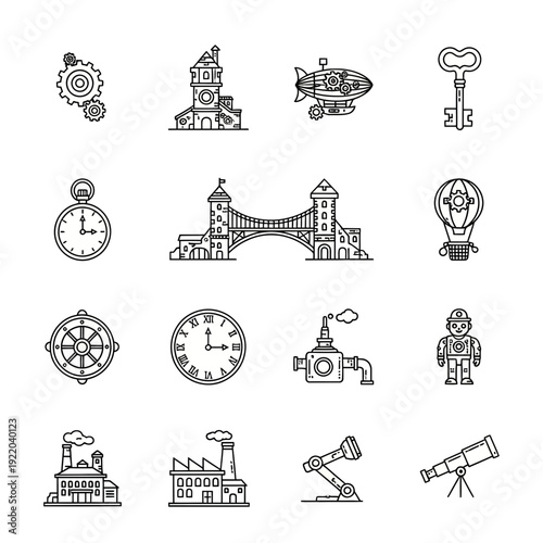 Steampunk Icons Set: Vintage Engineering and Victorian-Inspired Industrial Elements
