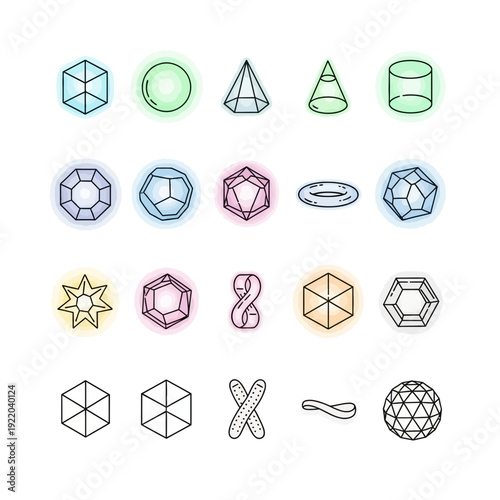 Fotografie Geometric Shapes and Abstract Forms Vector Icons with Neon Glow Effect
