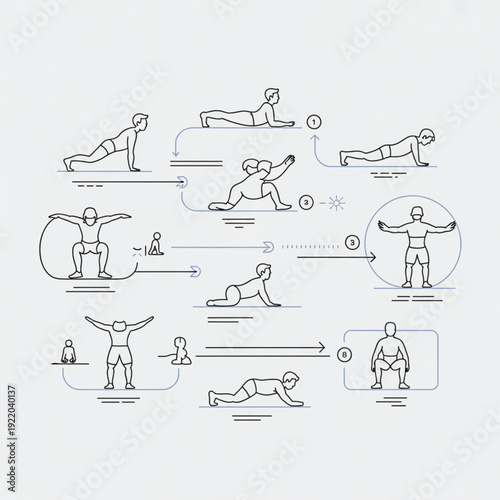 Person performing various yoga poses illustrated in a step-by-step guide from different viewpoints in a minimalist environment