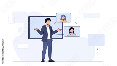 Online Meeting Presentation: Man Presenting to Remote Colleagues via Video Conference