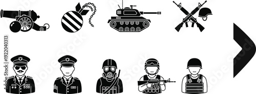 Military army icons set with weapons and soldiers, war equipment symbols collection, black silhouette vector flat illustration isolated