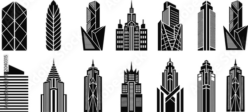 Modern city skyline vector set, abstract skyscraper icons, architectural silhouettes, urban buildings collection, black and white flat design illustration isolated