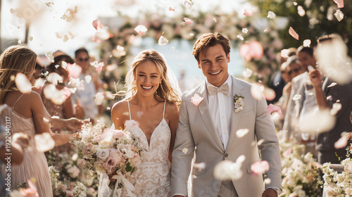 joyful newlywed couple walking down the aisle with flower petal toss, elegant outdoor wedding ceremony with happy bride and groom, romantic wedding exit with guests throwing rose petals