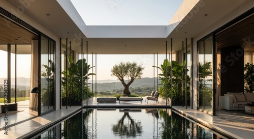 Luxury villa with pool and open-air atrium, modern architecture, tranquil oasis