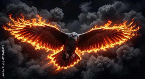 Mythical Phoenix Bird Flaming Wings Flying Dark Sky Smoke