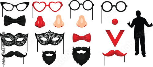 Photo booth party props vector set, glasses masks mustache lips bow tie accessories, fun celebration collection flat illustration