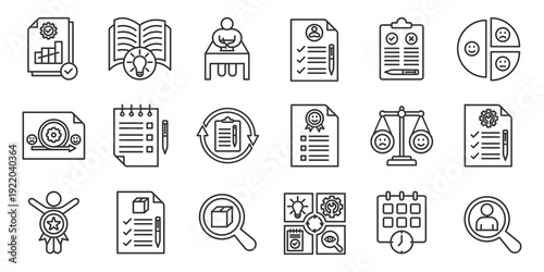 Evaluation outline icon set. Contain the evaluation of performance, employee, quality, supplier, process, training, system, product, internal, external, strategic, customer, operational, time schedule