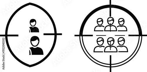 Target audience icon concept, customer segmentation and marketing focus symbol, business people in crosshair vector flat illustration design
