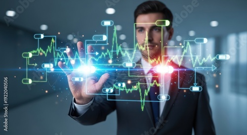 Businessman interacting with futuristic financial data visualization