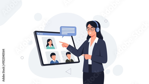 Online Teacher Leading Virtual Class on Tablet, Remote Education