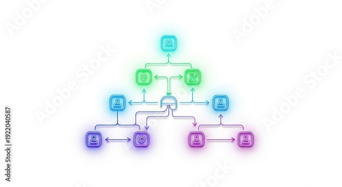 Digital Network Structure with Glowing Icons and Arrows on White Background