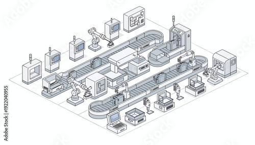 Isometric illustration of a factory production line with various machinery and equipment.