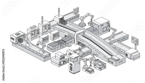 Isometric illustration of an industrial facility with various machinery and equipment.